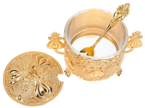 FUNNETOYU Azucarero Metálico Vintage con Cuchara Diseño Europeo con Tapa Duradero para Cocina y Hogar para Azúcar Especias y Condimentos Acabado Dorado Elegante