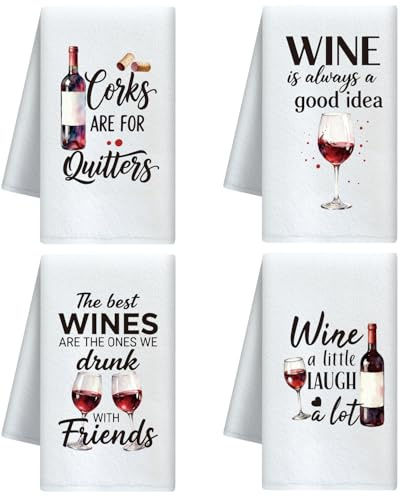 CUTHOLLOW 4er-Set Geschirrtücher mit Motiv Wein - Weich & Saugfähig | - Deko Trockentuch Microfaser für Küche, Tee, Kaffee, Bar, Zuhause, Bestes Geschenk zur Einweihung, Geburtstag