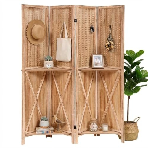 4-Panel Wooden Room Divider with Shelves & Pegboard - 67 Tall Freestanding Privacy Screen, Folding Partition for Home Office, Bedroom, Living Room