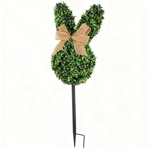 Künstlicher Buchsbaum Hase 60cm, Wetterfeste Kunstpflanze mit 16cm Erdspieß für Ostern Deko Außen, Buchsbaumkugel für Garten & Hauseingang Aluminiumstab