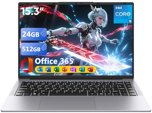 Brhona Ordinateur Portable15,3 Core i5 (Jusqu'à 3,6 GHz),Win 11 pro24 Go RAM/512 Go SSD, PC Portable, Écran 1920x1200 100% sRGB avec HDMI et USB-A, Autonomie Prolongée, Office Suite Inclus