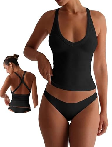 Xiaoliny Canotta Donna Sexy Tops Corto Senza Maniche Scollo a V Elegante Sport Top Spalline Incrociate sulla Schiena Estiva Canottiera Costine Elasticizzato Basic Casual T-Shirt per Yoga Fitness