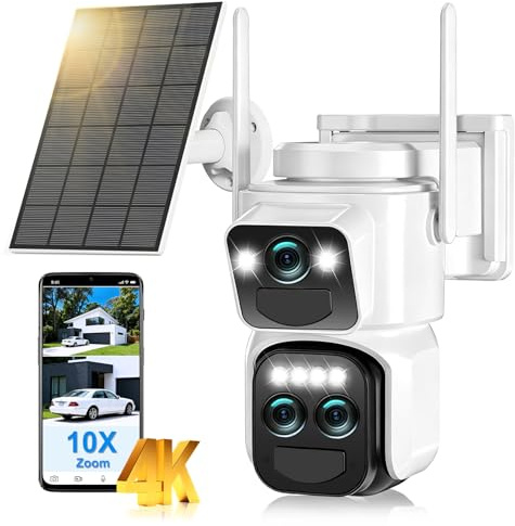 4K Caméra de Surveillance WiFi Exterieure sans Fil,10X Triple Objectif Camera Extérieur Solaire avec Panneau,Vision Vocturne,Alarme,Batterie,2.4GHZ,Audio Bidirectionnel,Suivi Automatique,IP66,355° PTZ