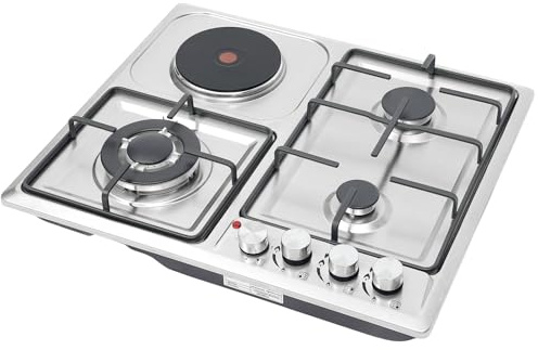 Piano cottura a gas ed elettrico, a 4 fuochi, in acciaio inox, 7,55 KW, per cucina, camper, ristorante, 58 x 50 x 9 cm
