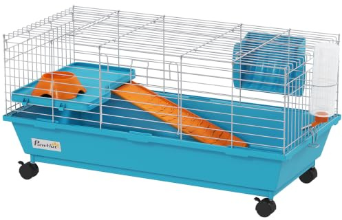 PawHut Jaula para Animales Pequeños Ruedas Jaula Conejo 89x44x43 cm Azul | para Roedores, Botella de Agua, Comedero, Dispensador de Heno, Plataforma, Rampa, Bandeja Extraíble, para Cobayas