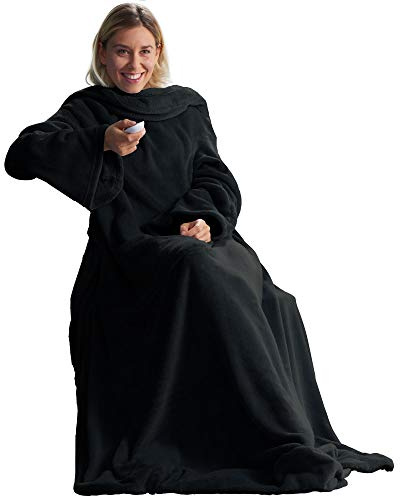 CelinaTex TV-Decke mit Ärmeln und Fußtasche Flauschige Kuscheldecke 150 x 180 cm schwarz Mikrofaser Fleece Soft Oeko-TEX