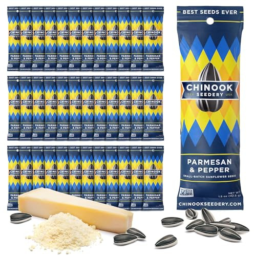 Chinook Seedery Low Sodium Sunflower Seeds – Parmesan & Pepper Flavor, Pack of 36, 1.5oz – Sunflower Seeds to Eat – Keto, Jumbo, Roasted, Baseball Snacks