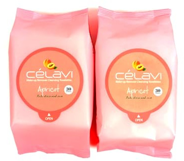 Celavi Makeup Remover Cleansing Wipes Removing Towelettes 2 Packs - 60 Sheets (Apricot)