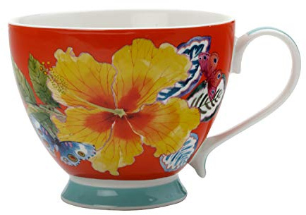Maxwell & Williams Exotica Tasse à thé en porcelaine Motif hibiscus Rouge/bleu sarcelle 400 ml