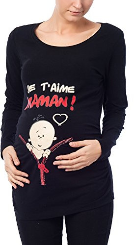 M.M.C. Je t'aime Maman - vêtement de maternité Mignon et Rigolo | T-Shirt de maternité avec Motif pour la Grossesse | T-Shirt de Grossesse - à Manches Longues (Noir, X-Large)