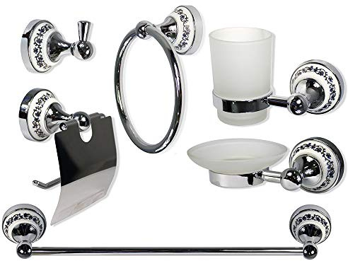 Set da bagno neoclassico in ceramica acciaio cromato vetro satinato opaco decorazioni floreali blu e nere 6PZ