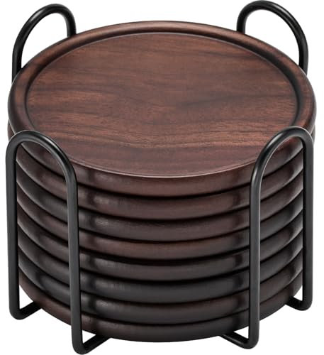 Holzuntersetzer mit Metallhalter GOH DODD Set aus 8 Holzuntersetzern für Getränke Schreibtisch Couchtisch Zuhause Küche Büro Bar Tischschutz Wohnzimmer Deko Walnuss Untersetzer 4 Zoll