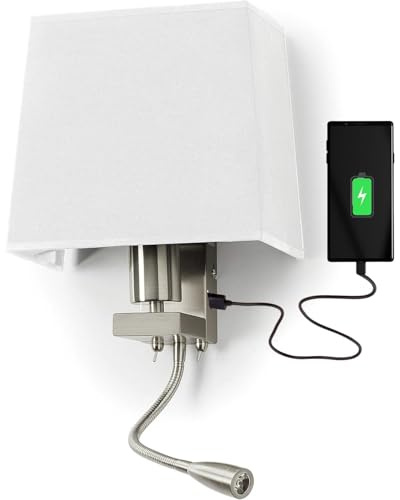 EXO lighting - FLORENCE Applique pour chambre à coucher USB - Abat jour mural - E27 + Led intérieur IP20 - applique murale chambre - applique chambre moderne - lampe de lecture murale