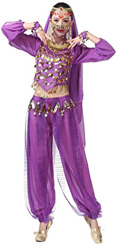Lauthen.S Bauchtanz-Outfit für Damen, Münzen, Oberteil, Hose, Gesichtsschleier-Set, Halloween-Kostüm, Violett, Einheitsgröße