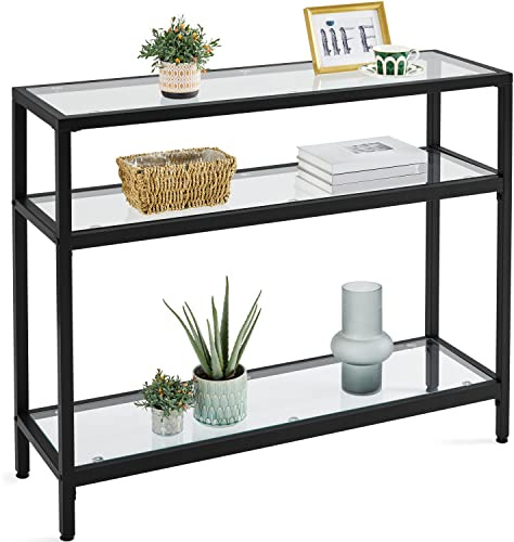 Yaheetech Glass Console Table with 3 Tier Storage Shelves, 39.5, Black