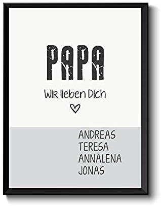 Bild für Papa, Vatertag wir lieben Dich, personalisiert mit Namen Rahmenoption, Typografie, Danke sagen, Poster Größenwahl Hand-Lettering