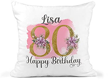 Personalised 80th Birthday Cushion with Name, Pink Floral Design, White 40 x 40 cm – Cushion Insert Included – One-Sided Print