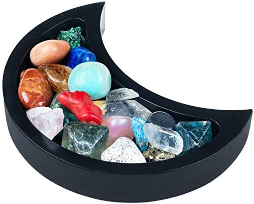 Curawood Plateau en forme de croissant de lune pour cristaux – Présentez vos cristaux et pierres de guérison – Support en bois noir de 15 cm pour affichage de pierres – Plateau en cristal pour le