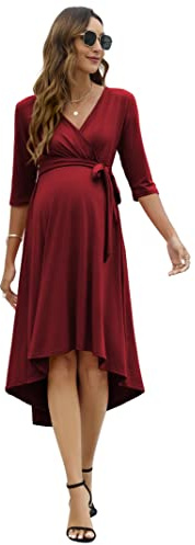 KOJOOIN Vestido de maternidad para mujer, vestido de maternidad festivo, vestido de lactancia con cuello en V, manga 34, vestido de maternidad con cinturón de cintura (embalaje múltiple), Vino Rojo