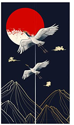 LIGICKY Japanischer Stil Dick Noren Lang Vorhang, Doppelseitig Druck Türvorhang Raumteiler Tapisserie für die Heimtextilien 85 x 150 cm, Weißer Kranich Berge und Sonne