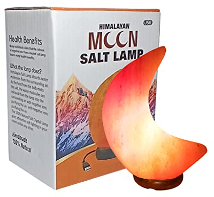 USB Moon Shape Himalayan Salt Lamp Pink Rock Crystal Light | Natural Quality Hand Crafted from Foothills of Himalayas Comes with Complete Fitting Wooden Base (USB Moon Shape Salt Lamp)
