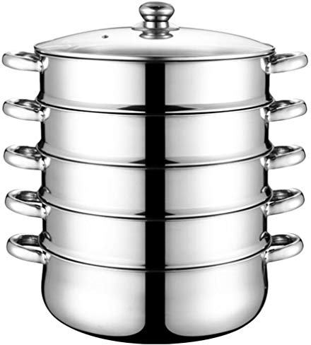 Cabilock 5 Tier with Lid Stepped with Twin Handles Stainless Steel Stockpot Multifunction Large Soup Pot Cooking Pot for Food Cooking Diameter28/ 30CM