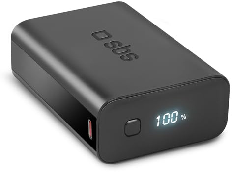 SBS NanoTube PowerBank HD, 20.000mAh, 20W Power Delivery, AFC, Power Bank con Ricarica Rapida, Display LCD, Tecnologia Alta Densità, USB-C, Caricabatterie Portatile da Viaggio, Design Compatto, Nero