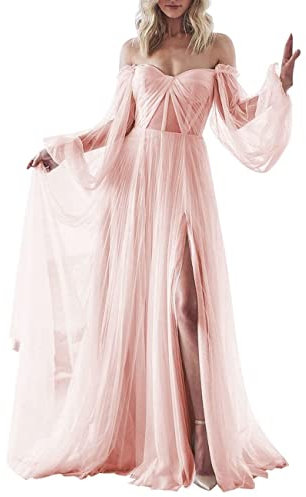 Robe de bal bouffante à manches longues en tulle pour femme, rose poudré, 38