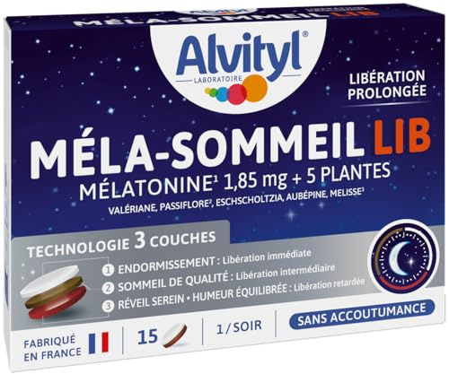 Alvityl Méla-Sommeil LIB - Mélatonine + 5 Plantes - Comprimé Tricouche à Libération Prolongée - Nuit réparatrice - 15 Comprimés Tri-couches