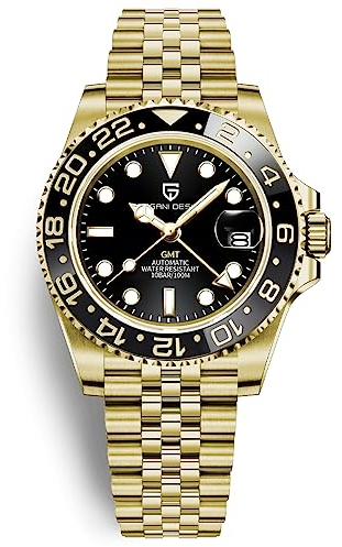 Pagani Design Herrenuhr Automatik Mechanische Uhr GMT Dual-Zeitzone Armbanduhren Edelstahl Zweifarbige Keramiklünette 100M Wasserdicht PD-1662 (5 Alles Gold)