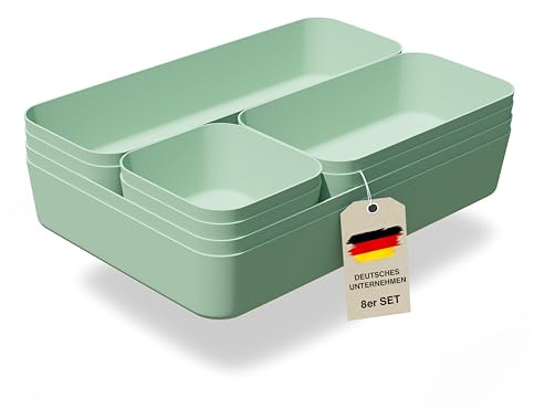 VMbathrooms Organisateur de tiroir lot de 8 boîtes de rangement Vert pastel | 4 tailles| Pour cuisine, salle de bain, bureau, maquillage & bijoux | Modulable | Facile à nettoyer