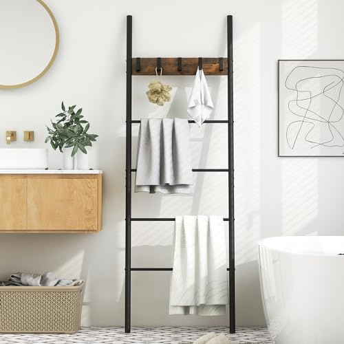 COSTWAY Porta Asciugamani a 5 Livelli con 5 Ganci Rimovibili | Porta Coperte a Scala Appoggiata al Muro, Scaffale di Esposizione per Bagno e Soggiorno, 60 x 3,2 x 179
