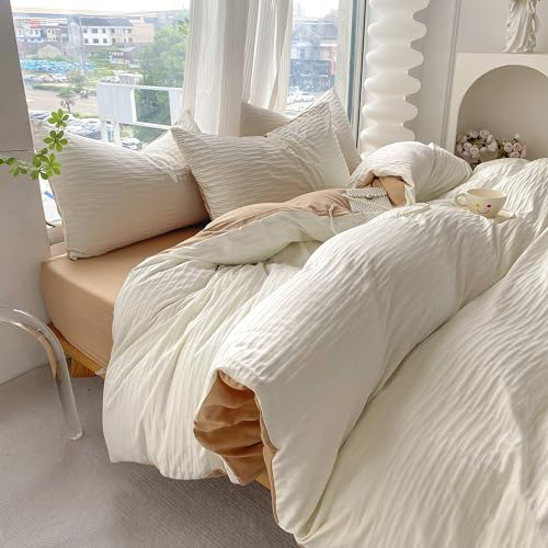 GETIYA Weich Seersucker Bettwäsche 200x200 3Teilig Weiß Bettwäsche Einfarbig Herren Damen Bettwäsche Weiß Hellbraun Unifarben Bettbezug Doppelbett Mikrofaser Deckenbezug mit 2 Kissenbezug 80x80