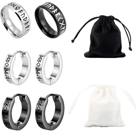 8 Stück Wikinger Creolen Set, Hypoallergene Ohrringe Herren mit Ringen, Zugbeuteln, Nordische Runen Unisex Creolen,Viking Rune, Geburtstagsgeschenke für Valentinstag, Liebhaber, Männer
