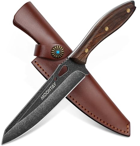 Moontay Outdoor Messer Full Tang Feststehende Klinge Bushcraft Messer mit Leder Scheide scharfes Jagdmesser Holz Griff Survival Messer für Wandern Bushcraft Camping Geschenke für Männer
