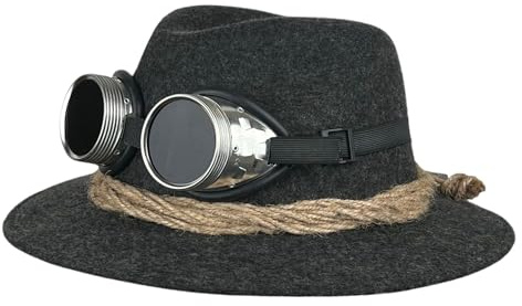 Mauerer Trachtenhut/Karnevalhut für Herren mit Gletscherbrille Filzhut für Herren in Anthrazit und beiger Kordel - abnehmbare Gletscherbrille - Tiroler Hut