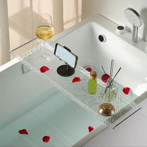GIYDNEI Klares Acryl-Badewannentablett Caddy Mit Silbernen Griffen, Luxus-Badezimmer-Badewannentisch, Organizer-Tablett Für Das Badezimmer,Clear,70cm/27.5in