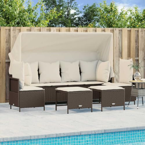 Homgoday Gartensofa mit Dach 5-TLG. Gartenlounge Balkonmöbel Gartenmöbel Loungemöbel Sitzgruppe Gartenbank Loungesofa Sofagarnitur mit Kissen Ecksofa für Balkon Terrasse Braun Poly Rattan