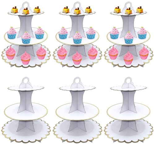 Abaigeal 6 Pack 3 Tier Cardboard Cake Stand, White Round Cardboard Cupcake Tower Holder for Afternoon Tea, Dessert Tower for Birthday Party, Christmas Party, Wedding