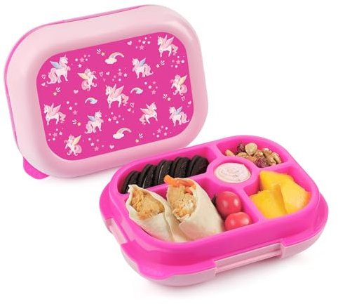 wooshwa Kids Lunch Box with 5 Compartments for School, Toddler Bento Box with Removable Tray, Ideal for Ages 3+, Lunch Container for Girls, BPA-Free, Dishwasher Safe (Pink Unicorn)