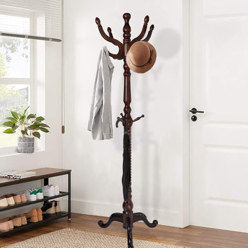 VKETU Wooden Coat Rack Freestanding, Vintage Coat Racks with Sturdy Round Base, Adjustable Height 37.40-72.83 Entrance Coat Rack for Bedroom Living Room Entryway (Vintage Triangle)