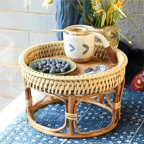 Kleiner runder Rattan-Couchtisch für Wohnzimmer – moderner Bauernhaus-Tablettt, mittelgroßer Tisch, Korbgeflecht, handgewebt, natürliches Rattan für kleine Räume, Wohnungsdekoration