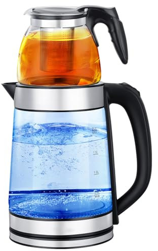 Turkish Glass Teapot, 2 Tier Electric Tea Kettle Glass Kettle, 1500W Self-filtering Tea Kettle with 360-degree Rotating Base, Capacity 1.8L+0.2L, for Russian, and Turkish Tea