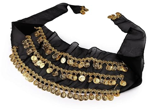 Belly Dance Hip Scarf, Belly Dancing Skirt Hip Scarves with Dangling Gold Coins for Performance Costume Belly Dance Yoga Class (UK, Alpha, One Size, Regular, Regular, Black)