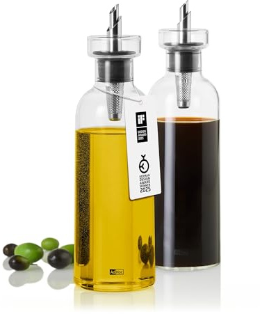 AdHoc AromaPour Ölflasche und Essigspender aus Borosilikatglas Transparent | Mit PreciseFlow Ausgießer aus Edelstahl für tropffreies Dosieren | Premium Geschenkset aus 2x 500ml Glasspender für Olivenöl