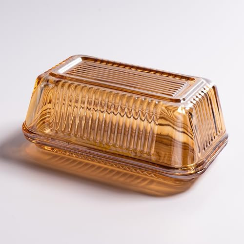 Mantequillera de vidrio de color champán con tapa para encimera de cocina, bandeja de soporte para palitos de mantequilla cubierta, recipiente de almacenamiento de mantequilla de cristal