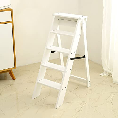 Sgabello pieghevole in legno a 5 gradini per cucina, biblioteca, libreria, scaletta multifunzione portatile con ripiani in colore bianco