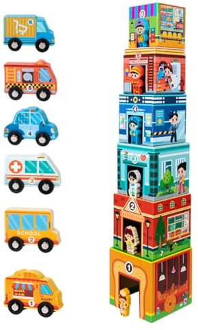 Garaje para coches de juguete, juego de ciudad de madera | City Toys Bloques apilables de madera para coche, juguete de garaje - Juego De Ciudad, Garaje De Coches De Juguete Para Educación Temprana, A