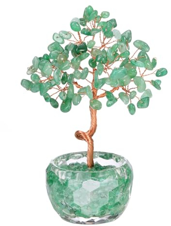 JSDDE Green Aventurine Crystal Tree Healing Crystals Stones Tree with Glass Base Gemstone Tree for Positive Energy Office Decor Fengshui Tree Gift