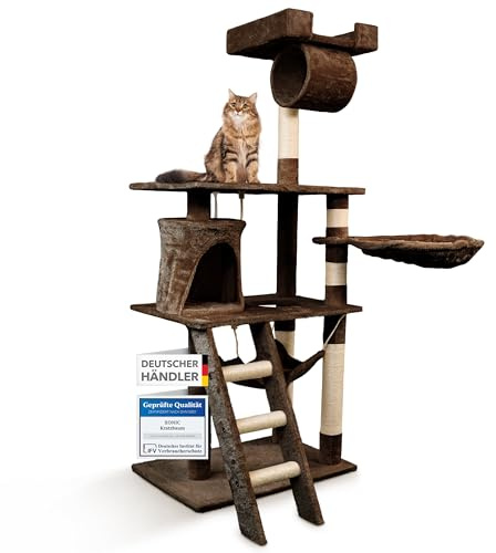 Foxdevil by xonic® Stabiler Kratzbaum für Katzen - Vielseitiger Katzenkratzbaum mit Aussichtsplattform, Hängematte, Kuschelhöhle, Spielkordel, Treppe – 141 cm Hoch – (Braun V1)